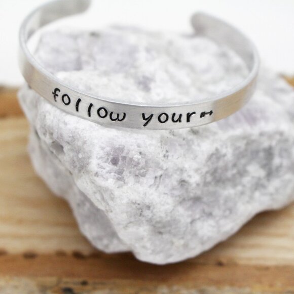 Follow Your (Arrow) ---> - Hand Stamped Anodized Aluminum Bangle - Adjustable - Picture 2 of 11